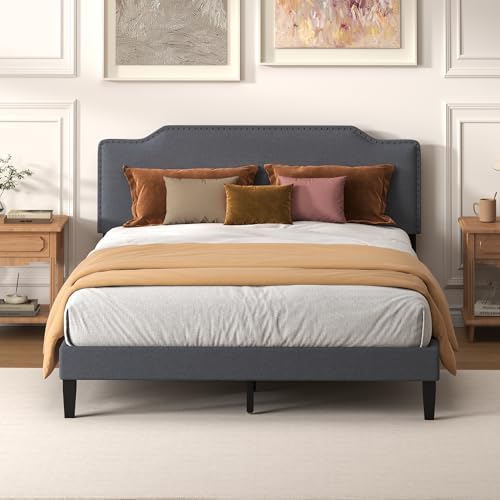 Queen Size Bed Frame with Upholstered Headboard, Platform Bed with Soft Linen by Chireca