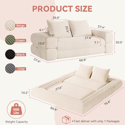 Jocoevol 4-in-1 Convertible Folding Sofa Bed, Wide Corduroy Upholstery - Image 2