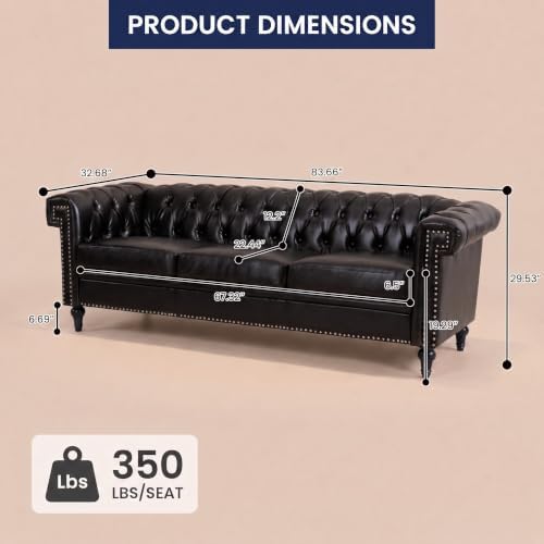 3 Seat Chesterfield Sofa, Faux Leather Couch - Image 2