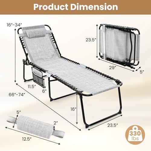 GYMAX Lounge Chairs for Outside, Extra High Folding Beach Tanning Lounger - Image 3