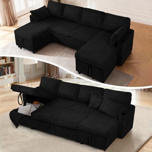 110" Corduroy U-Shape Sofa Bed - Image 6