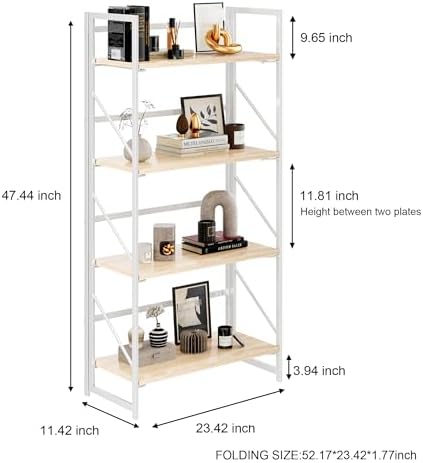 JSB No Assembly Folding Bookshelf, 4 Tier Industrial Metal Book Shelf - Image 3