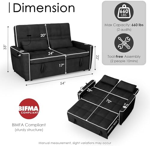 54'' Sleeper Sofa, Convertible Sofa Bed - Image 2