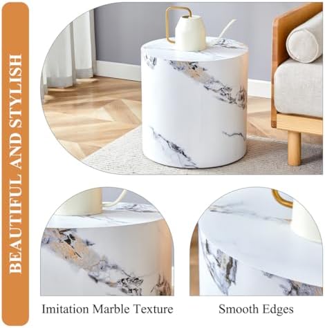 Round Side Table, End Table Living Room Tables, Faux Marble Sofa Couch Tables - Image 5