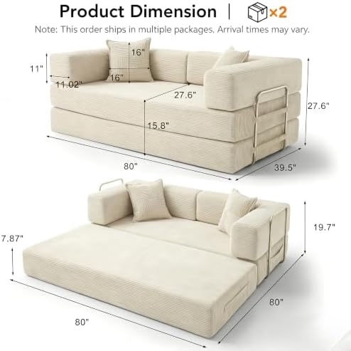 WEUP 5-in-1 Convertible Sofa Bed, Corduroy Floor Sofa Loveseat Sleeper - Image 3