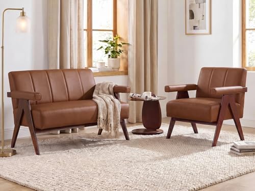 Faux Leather Love Seat and Accent Chair Set, Living Room Furniture by STHOUYN