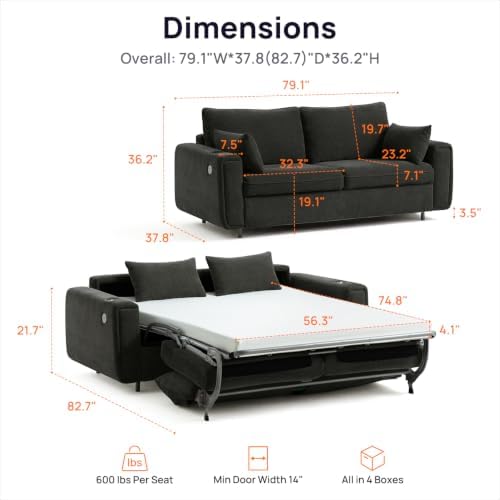Pull Out Sofa Bed, No Cushion Removal, Queen Sleeper Sofa, Chenille Dark Grey - Image 2