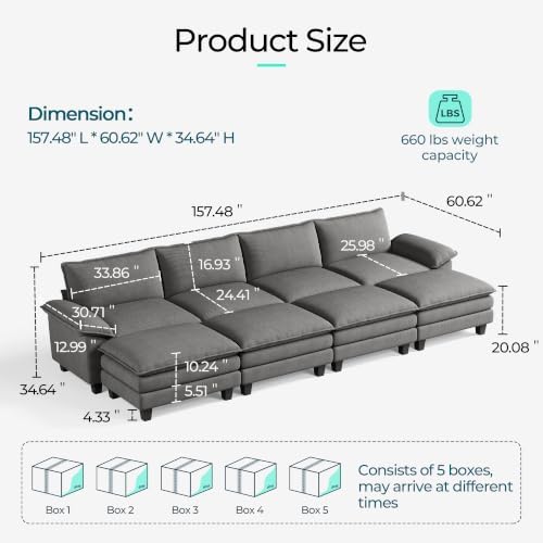 LINSY HOME 157" Modular Sectional Sofa, 4-Seat Corduroy Modern Cloud Couch - Image 2