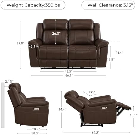 CHITA Leather Power Recliner Sofa Wall Hugger, Dark Brown - Image 2