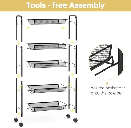 TOOLF 5 Tier Rolling Cart, Metal Utility Storage Cart - Image 3