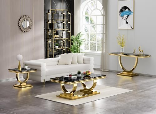 Henf 3 Piece Living Room Table Set, Faux Marble Coffee Table & Console Table & - Image 2