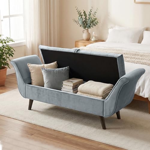 End of Bed Storage Bench for Bedroom, Upholstered Rolled Armed Button Tufted - Image 5