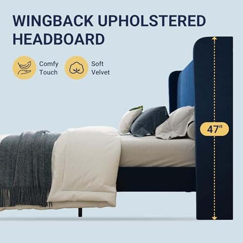Allewie Full Size Velvet Platform Bed Frame, Tall Wingback Headboard - Image 6