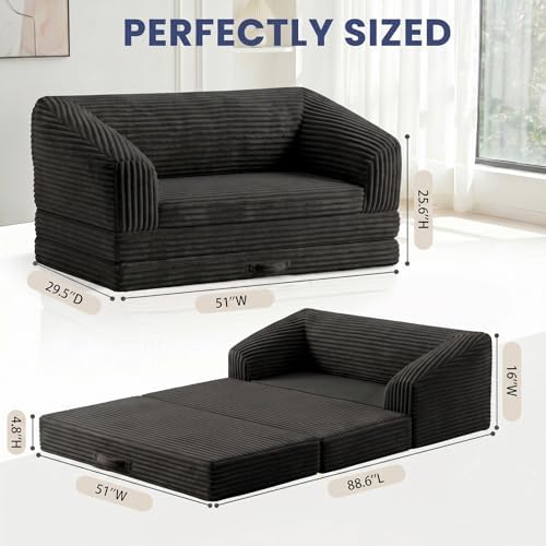 Black Loveseat 51", 2-in-1 Convertible Tri-Folding Sofa Bed - Image 3