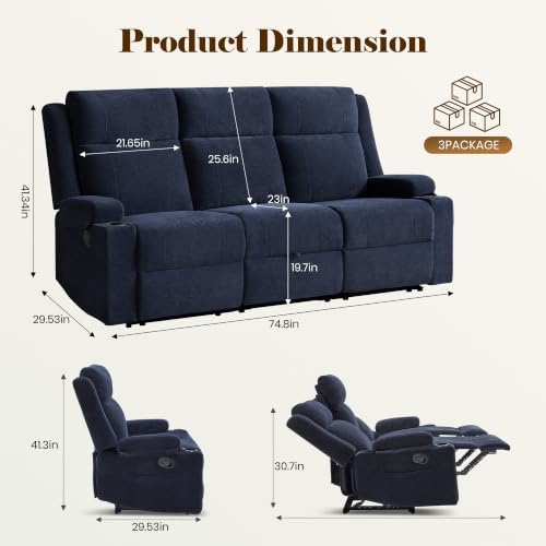 GUEAPY Reclining Sofa for Living Room, Flip-Down Center Backrest, 4 Cup Holders - Image 2