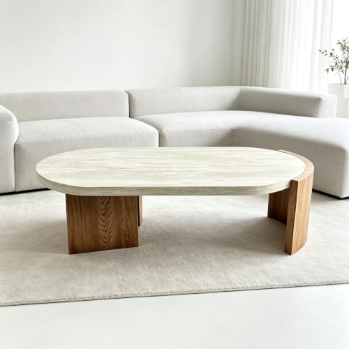 48" Faux Travertine Oval Coffee Table - Image 4
