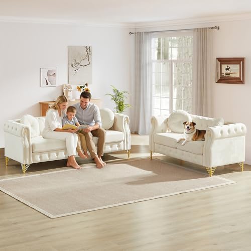 2 Pieces Mid Century Modern Chesterfield Sofa Set, Upholstered Button Tufted - Image 3