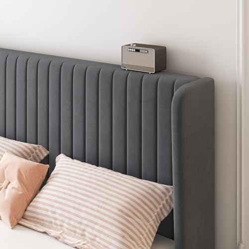SHA CERLIN Full Size Velvet Bed Frame, Tufted Wingback Headboard - Image 4