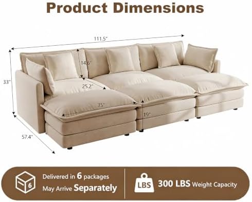 111.5" Modular Sectional Sofa, 6 Seater Cloud Couch - Image 2