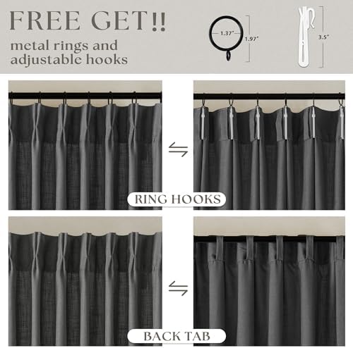 Dark Grey 80 Inch Pinch Pleated Linen Semi Sheer Curtains 2 Panel Set - Image 5
