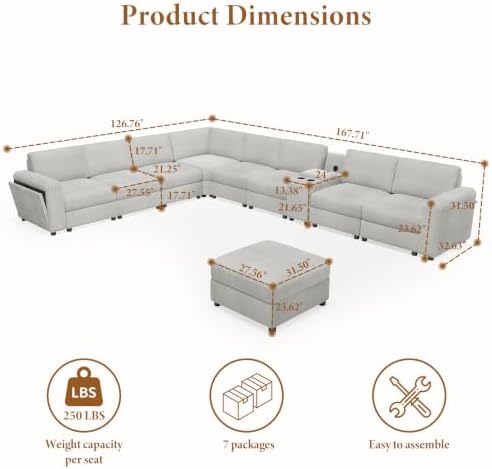 Vesgantti Modular 8-Seater Chenille L Shaped Sectional Sofa, Light Grey - Image 2