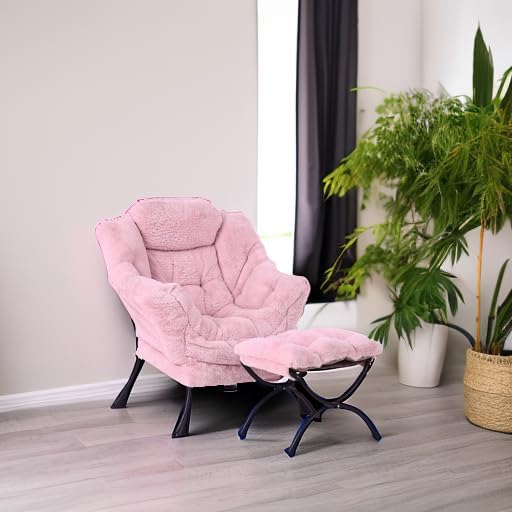Modern Lazy Chair with Ottoman, Comfy Accent Reading Chair, Plush Pink - Image 6