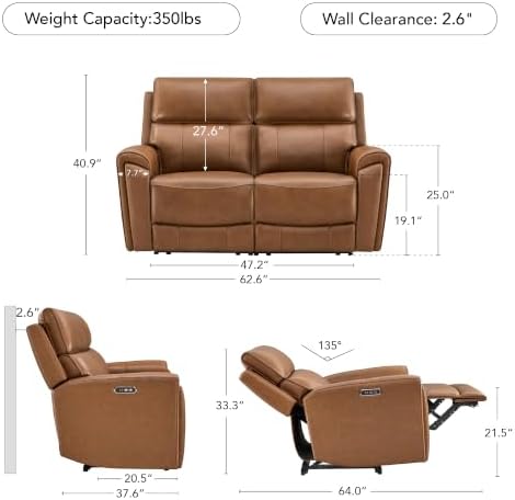 CHITA Genuine Leather Power Reclining Sofa, Wall Hugger Loveseat - Image 2