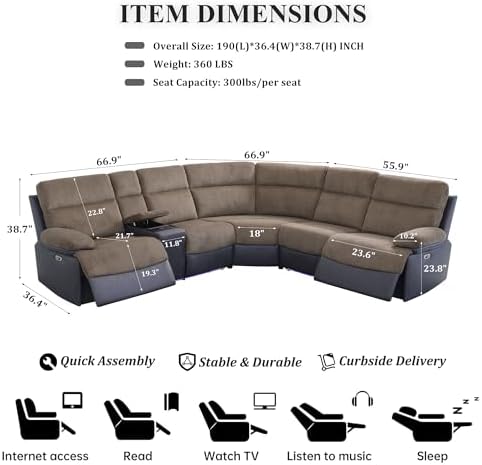 Power Recliner Sectional Sofa, L-Shaped Living Room Furniture Set, Reclining - Image 2