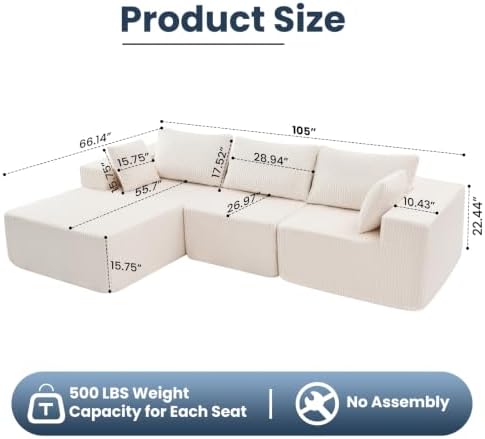 DUMOS 105" Modular Sectional Boneless Couch, Left Chaise L-Shaped Couch - Image 3