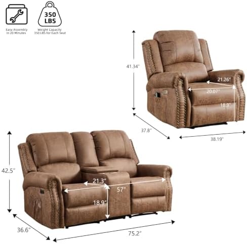 EBELLO 2-Piece Manual Recliner Sofa Set, Faux Leather 2 Message Single Recliner - Image 2