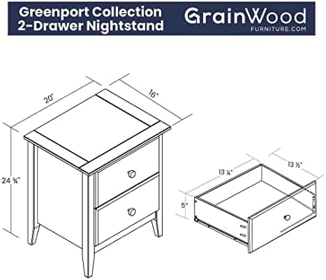Grain Wood Furniture Greenport 2-Drawer Bedroom Nightstand, Solid Wood - Image 3
