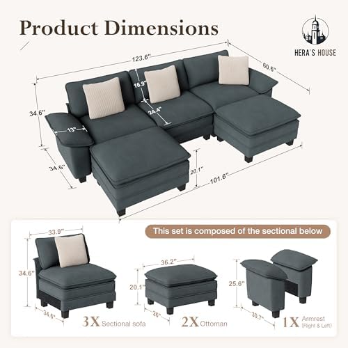 HERA'S HOUSE 124" Oversized Modular Sectional U Shaped Sofa, Chenille Blue - Image 2