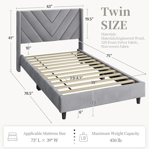 Yaheetech Twin Bed Frame with Chevron Channel-Tufted Headboard, Light Gray - Image 2