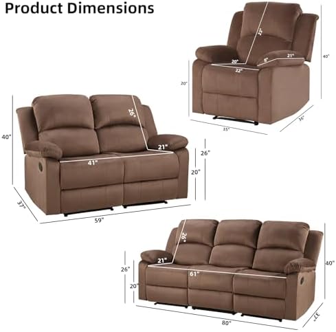 EBELLO Manual Recliner Sofa Set, Microfiber Reclining Couch Furniture Set - Image 2