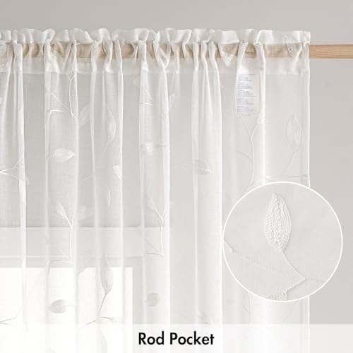 MIULEE White Sheer Curtains 2 Panels Embroidered Leaf Patterned, W52 x L63 - Image 6