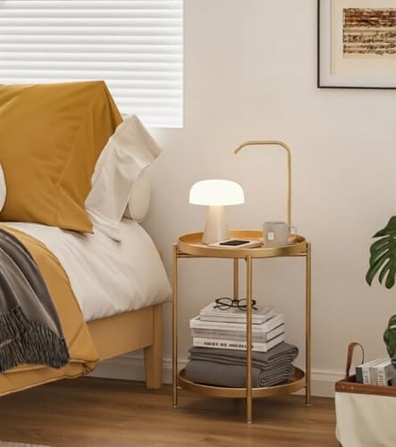 TeoKJ 2 Tier Gold Side Table, Folding Round Metal End Table Small Nightstand - Image 4