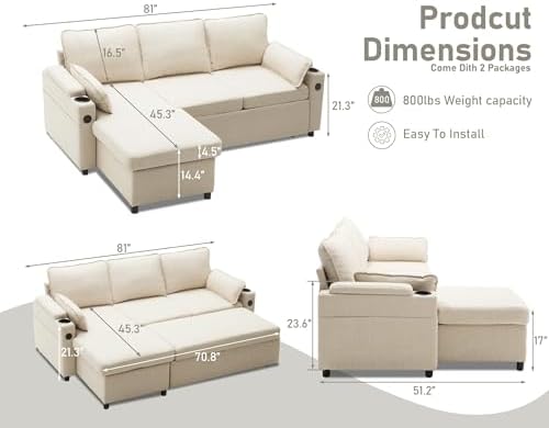 Sofa Bed Pull Out 2 in 1 Sectional Sleeper Sofa L Shaped Couch - Image 2