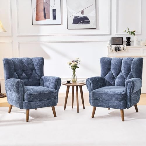 Chenille Wingback Accent Chairs Set of 2, Mid-Century Modern Living Room by YUUIJOAA