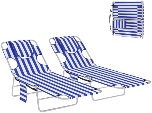 Outsunny Chaise Lounge Chair Outdoor Set of 2 w/Face Arm Hole Blue Stripe by Outsunny