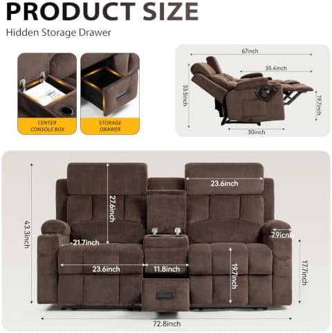 Reclining Loveseat Sofa with Adjustable Headrests, Oversized Recliner Couch - Image 2