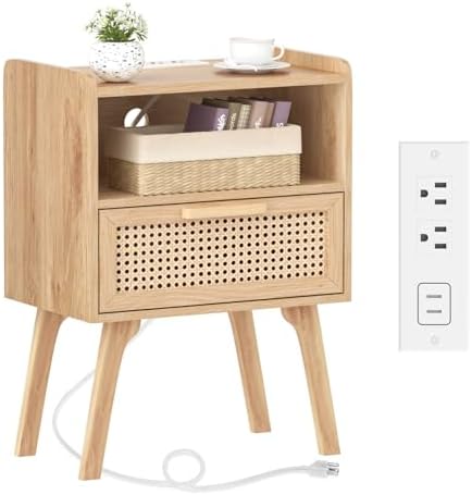 Lerliuo Rattan Nightstand with Charging Station, Boho Night Stand by Lerliuo