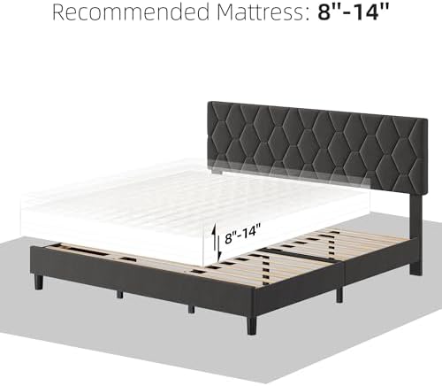 King Size Platform Bed Frame – Light Gray Upholstered Adjustable Headboard – - Image 2