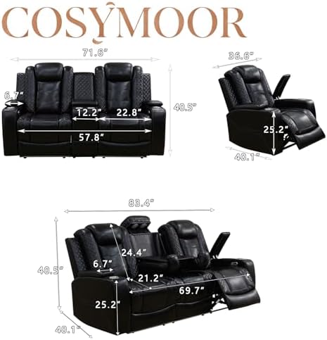 Power Recliner Sofa Set with LED, 3 Pieces Sectional Couch, Breathing Leather - Image 2