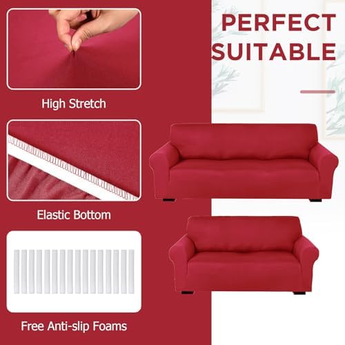 Peryiter 2 Pcs Couch and Loveseat Sofa Covers, Xmas Red, Milk Silk - Image 3
