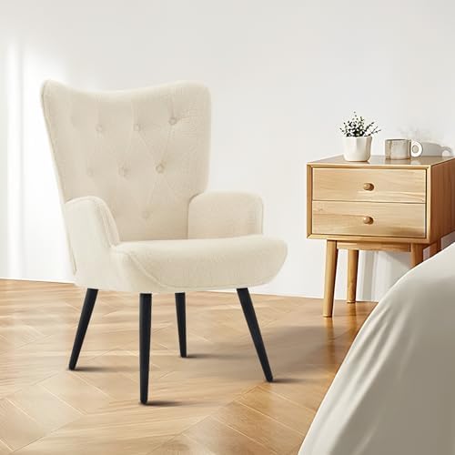 Furnimart Faux Fur White Accent Chair Mid Century Modern Living Room Chairs; - Image 4