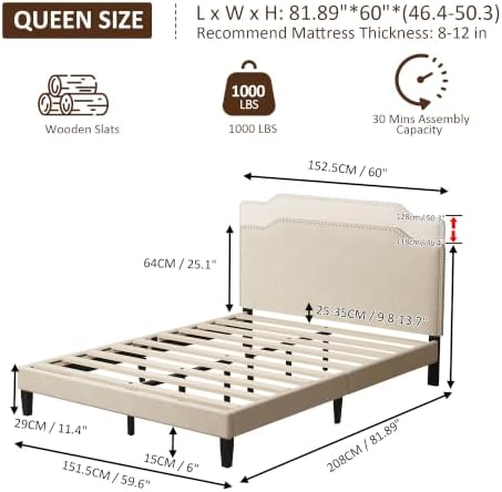 Queen Size Bed Frame with Upholstered Headboard, Platform Bed with Velvet - Image 2