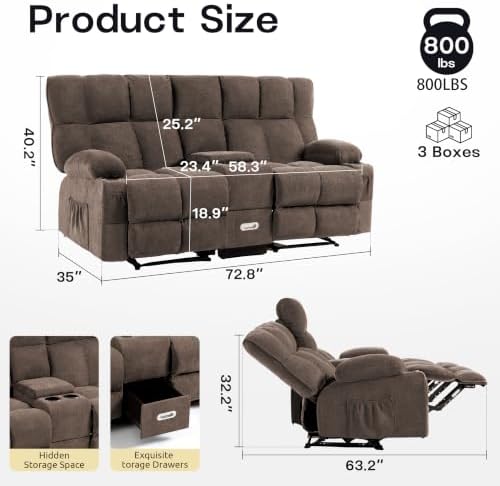 Loveseat Recliner Sofa with Console, Wall Hugger Reclining Loveseat with Cup - Image 2