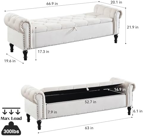 Velvet Storage Bench 67 Inch Upholstered Tufted Ottoman Bench - Image 2