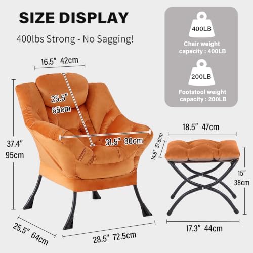 Tiita Lazy Chair with Ottoman, Comfy Reading Accent Chair, Velvet Orange - Image 2