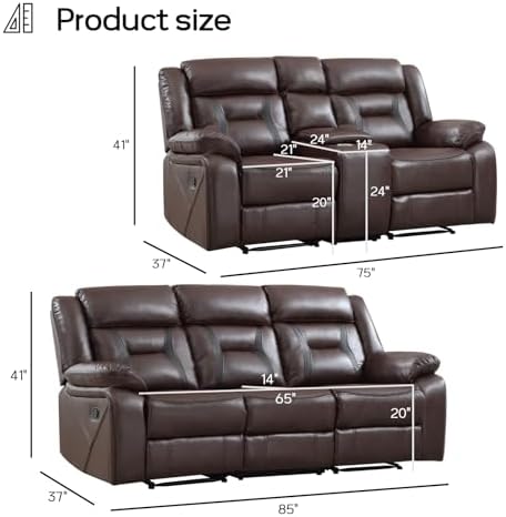 EBELLO Manual Recliner Sofa Set, Faux Leather Reclining Living Room Furniture - Image 2